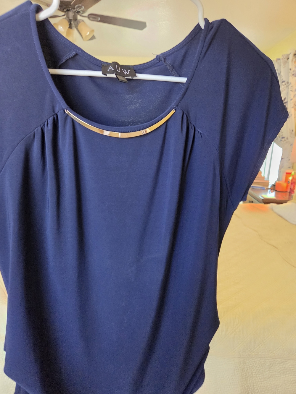 AUW Navy Short-Sleeve Blouse with Gold Accent